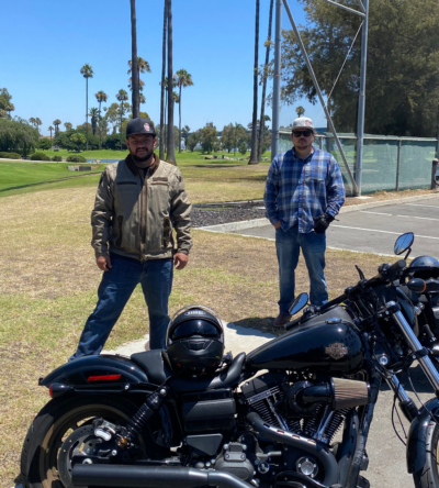 Steve and Ben Garcia with their Harley Davidson motorcycles